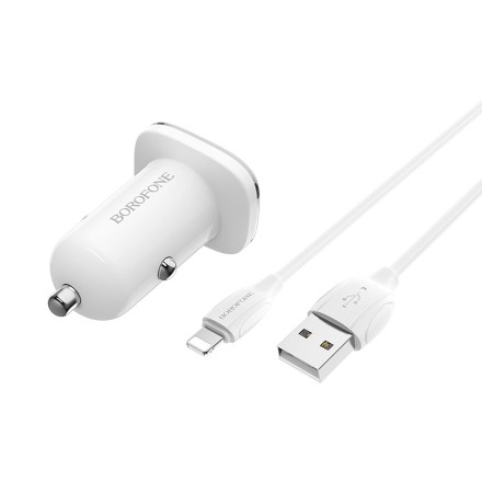  Автомобильное заряд. устр. Borofone BZ12 с шнуром Lightning 2USB 2.4A белое