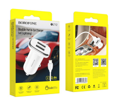 Автомобильное заряд. устр. Borofone BZ12 с шнуром Lightning 2USB 2.4A белое