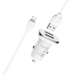 Автомобильное заряд. устр. Borofone BZ12 с шнуром Lightning 2USB 2.4A белое