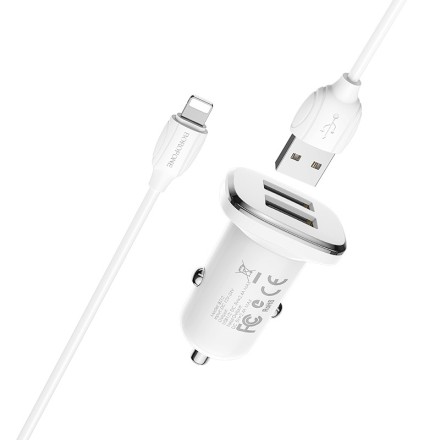  Автомобильное заряд. устр. Borofone BZ12 с шнуром Lightning 2USB 2.4A белое