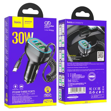  Автомобильное заряд. устр. Hoco NZ11A 2USB/1C + кабель TC 30W черное