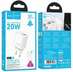 Сетевое зар. устр. Hoco N61 с шнуром Type-C на Lightning 1USB/1C 20W белое