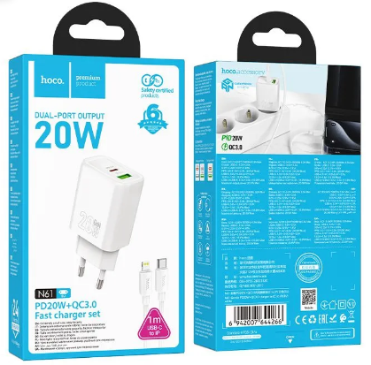  Сетевое зар. устр. Hoco N61 с шнуром Type-C на Lightning 1USB/1C 20W белое