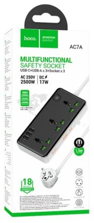  Сетевой фильтр Hoco AC7A 3 розетки/3USB/1USB-C 1.5м черный