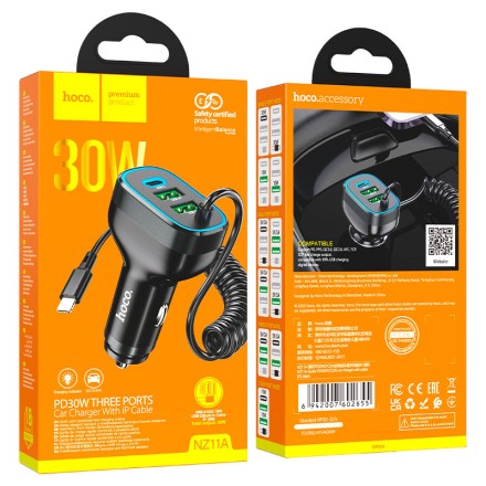  Автомобильное заряд. устр. Hoco NZ11A 2USB/1C + кабель IP 30W черное