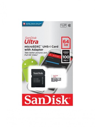  micro SDXC карта памяти SanDisk 64GB Cl10 UHS-1 Ultra Android 100MB/s с ад.(SDSQUNR-064G-GN3MA)