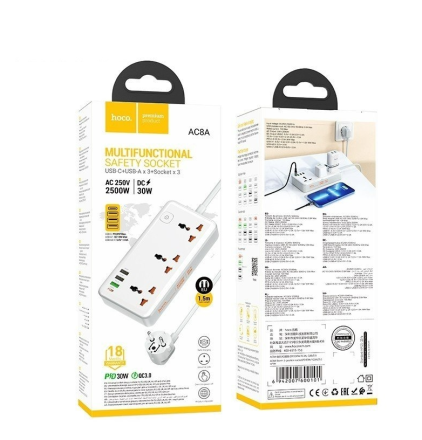  Сетевой фильтр Hoco AC8A 3 розетки/3USB/1USB-C 1.5м белый
