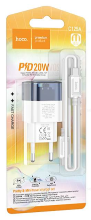  Сетевое зар. устр. Hoco C125A с шнуром Type-C на Type-C 1C 3A 20W сине-белое