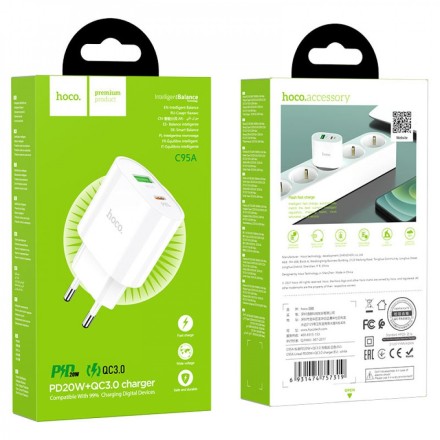  Сетевое зар. устр. Hoco C95A 1USB/1С PD/QC3.0 3A 20W белое