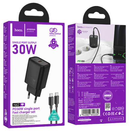 Сетевое зар. устр. Hoco N62 с шнуром Type-C на Type-C 1C 30W черное