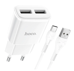 Сетевое зар. устр. Hoco C88A 2USB 2.4A с шнуром Type-C белое