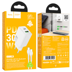 Сетевое зар. устр. Hoco N71 с шнуром Type-C на Type-C 1USB/1С 30W белое