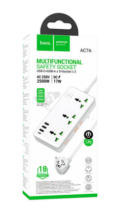  Сетевой фильтр Hoco AC7A 3 розетки/3USB/1USB-C 1.5м белый