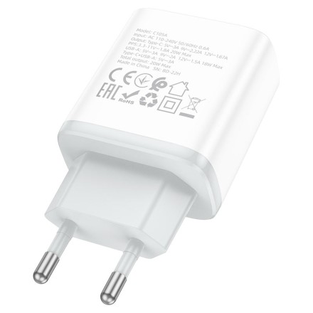  Сетевое зар. устр. Hoco C105A 1USB/1С PD/QC3.0 3A 20W белое