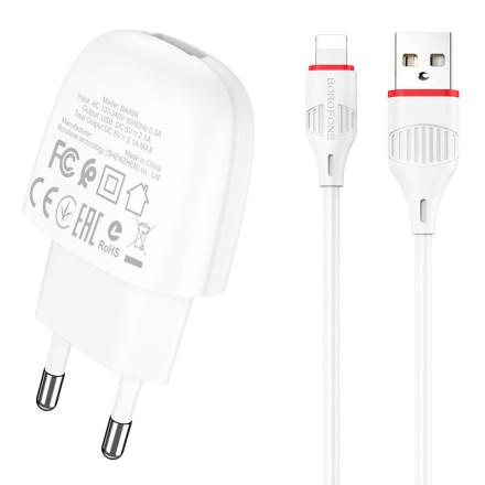  Сетевое зар. устр. Borofone BA49A с шнуром Lightning 1USB 2.1A белое