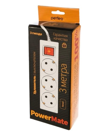  Perfeo сетевой удлинитель с кнопкой "POWERMATE", 3,0м, 3 розетки, белый(PF-PM-3/3,0-W)