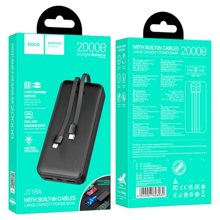  Powerbank Hoco J118A 20000mAh 2USB/1C с проводом Type-C/Lightning черный