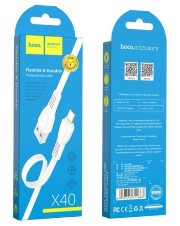  Usb Кабель-зарядка Lightning Hoco X40 Noah 2.4A 1м плоский силиконовый белый