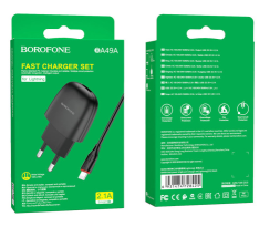 Сетевое зар. устр. Borofone BA49A с шнуром Lightning 1USB 2.1A черное