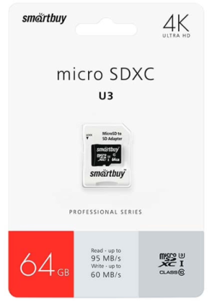  micro SDXC карта памяти Smartbuy 64GB Class 10 PRO U3 R/W:95/60 MB/s (с адаптером SD)