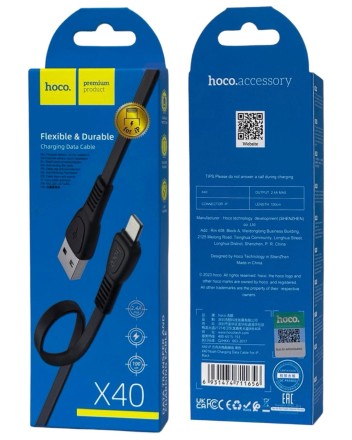  Usb Кабель-зарядка Lightning Hoco X40 Noah 2.4A 1м плоский силиконовый чёрный
