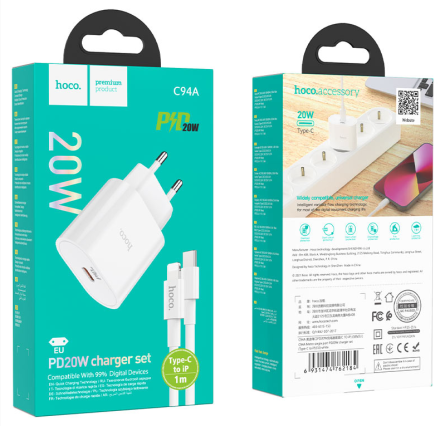  Сетевое зар. устр. Hoco C94A с шнуром Type-C на Lightning 1C 20W белое
