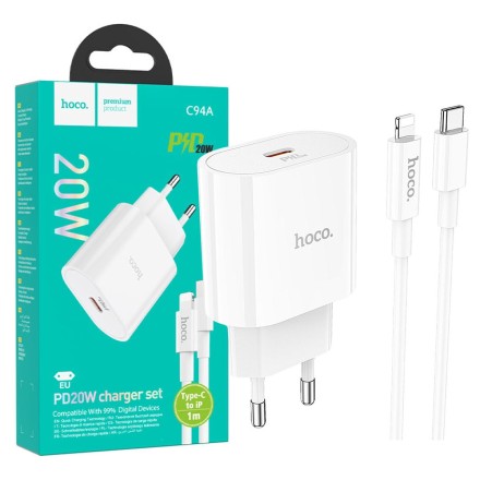  Сетевое зар. устр. Hoco C94A с шнуром Type-C на Lightning 1C 20W белое