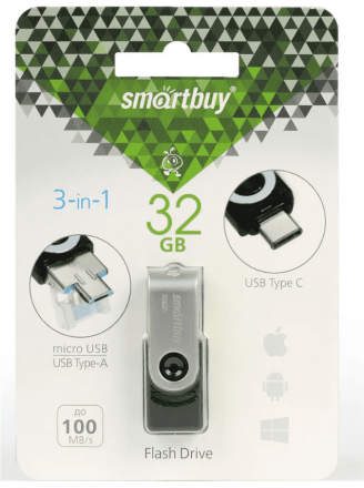 3.0 USB флеш накопитель Smartbuy 32GB TRIO 3-in-1 OTG (USB Type-A + USB Type-C + micro USB)