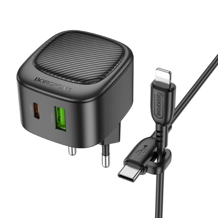  Сетевое зар. устр. Borofone BAS22A с шнуром Type-C на Lightning 1USB/1C PD20W черное