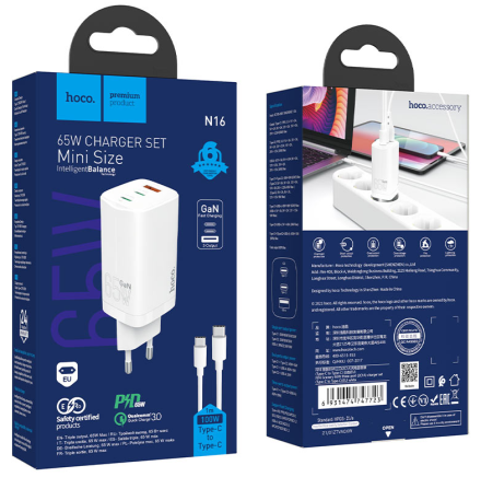 Сетевое зар. устр. Hoco N16 GaN с шнуром Type-C на Type-C 1USB/2C 100W белое