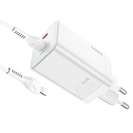  Сетевое зар. устр. Hoco N23 GaN с шнуром Type-C на Lightning 2C 45W белое
