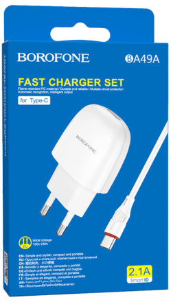  Сетевое зар. устр. Borofone BA49A с шнуром Type-C 1USB 2.1A белое