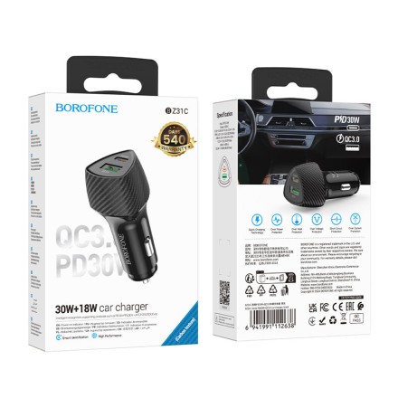  Автомобильное заряд. устр. Borofone BZ31C 1USB/1C 30W+18W черное